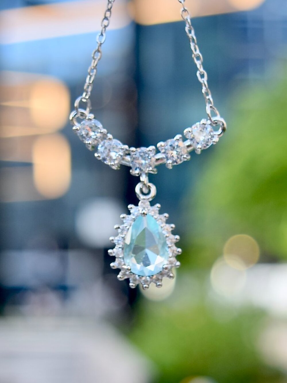 Princess Icy Blue Teardrop Charm Necklace - Stainless Steel Chain